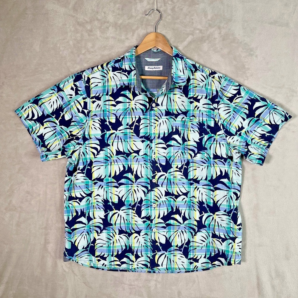 Tommy Bahama Plaid‎ Over Paradise Shirt XL Mens Blue Green Tropical Resort EUC